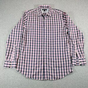 Banana Republic Shirt Men Medium Slim Fit Non-Iron Pink Blue Plaid Cotton Casual